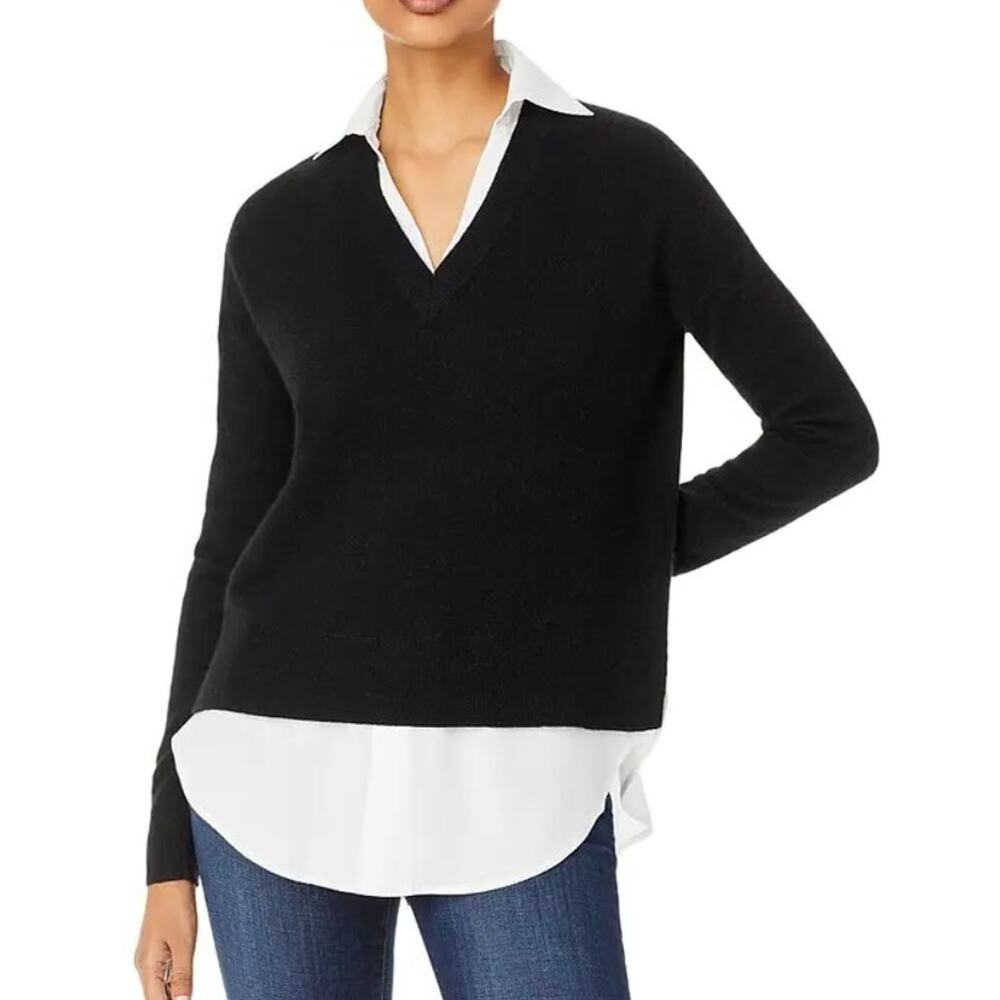 Bloomingdale's Women Black/White Knit Cashmere Layered Look Sweater Size XL